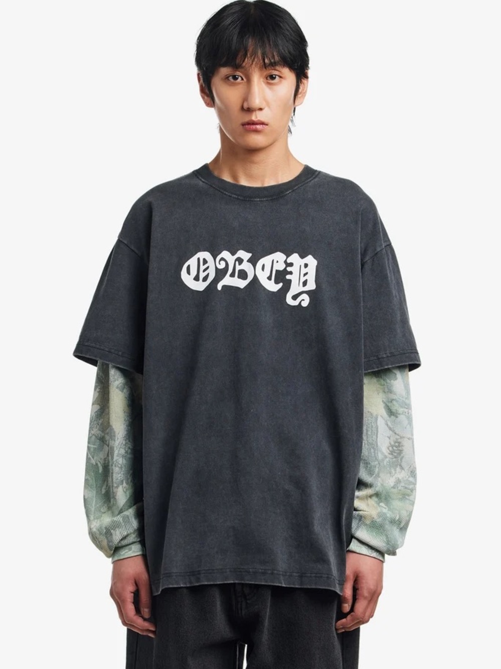 Obey Double Layered Tee with White Logo and Camouflage Long-Sleeve Layer